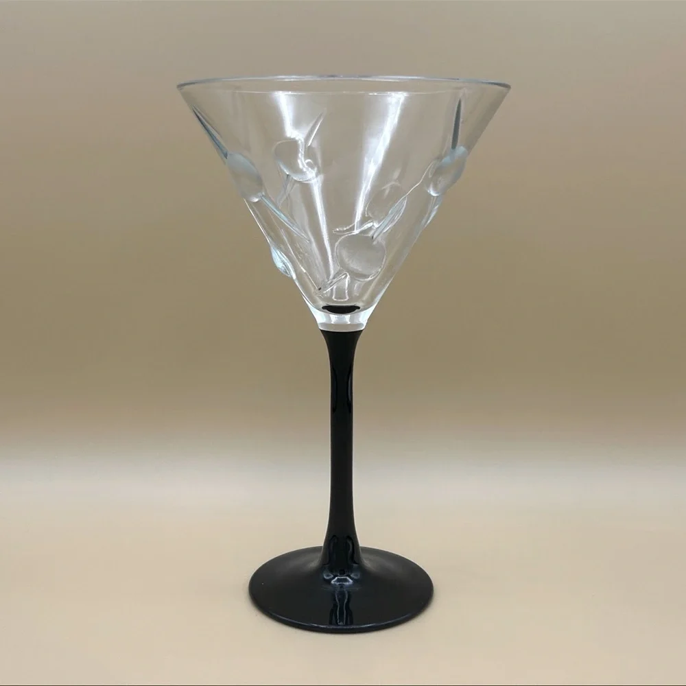 Vintage Barware Retro Raised Olive Martini Glass Set Clear Glass Black Stem